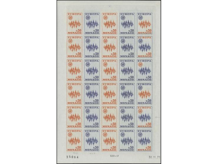 1972, timbre spécial 0,50 fr., essai de couleur rouge-orange et violet-bleu, avec 5 timbres multicolores, un en couleur origi