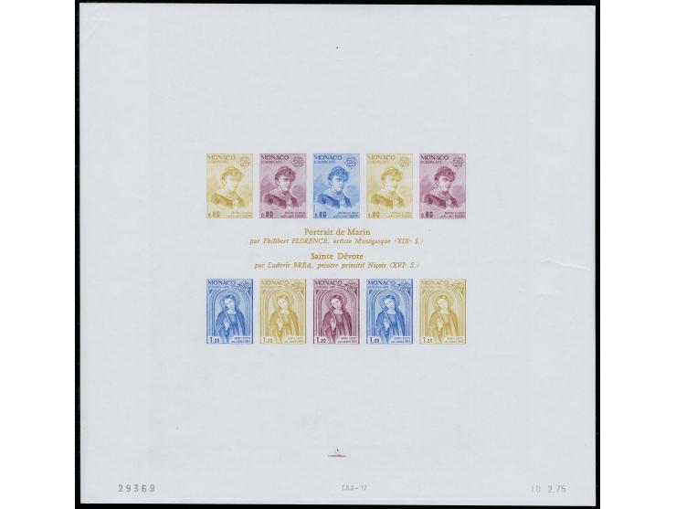 Peinture-bloc, feuille d'impresssion non-dentelée avec un bloc en couleurs lilas, bleu et ocre, inscription ocre au milieu, n
