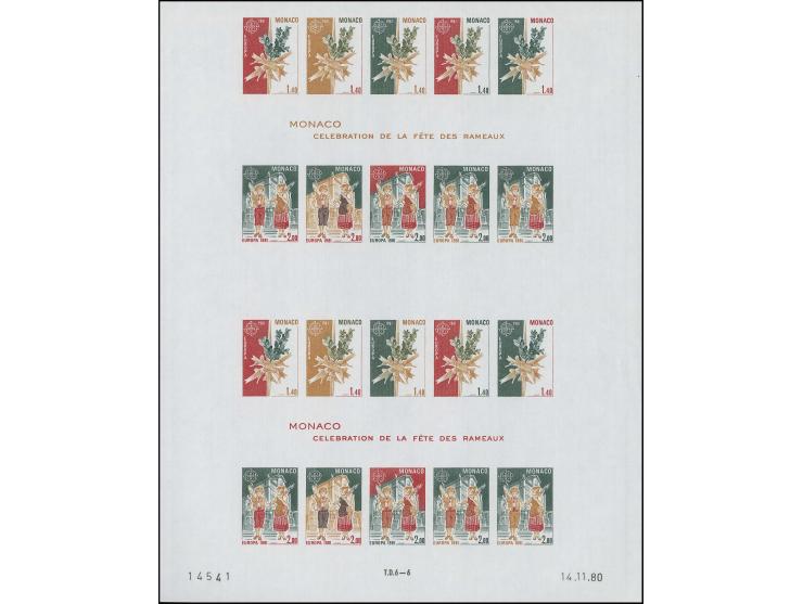 Bloc double avec essais de couleur, inscriptions brunes claires au milieu, non-dentelé, neuf sans charnière