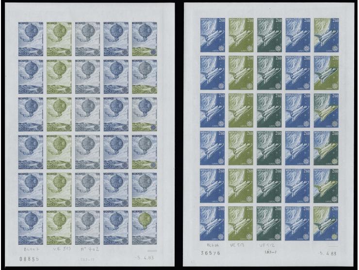 1983, timbres spéciaux1,80 et 2,60 fr., essais de couleur, 3 couleurs différentes, dont 6 timbres multicolores, en 2 feuilles
