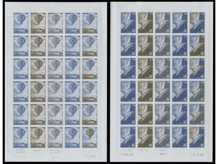 Timbres spéciaux 1,80 et 2,60 fr., essais de couleur, 3 couleurs différentes, chacun avec 6 timbres multicolores et au moins 