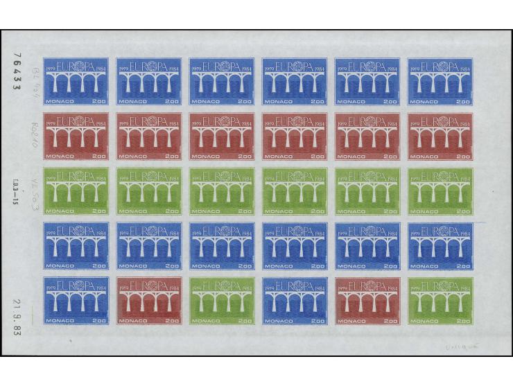 1984, timbre spécial 2 fr., essais de couleur bleus, rouges et jaune-verts, dont 8 timbres en couleurs originales en feuille 
