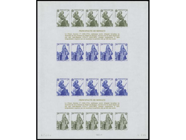 1985, bloc double avec essais de couleur vert-olives et bleus, non dentelé, neuf sans charnière