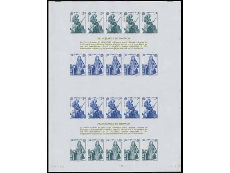 Bloc double avec essais de couleur bleu-verts et bleus, non dentelé, neuf sans charnière