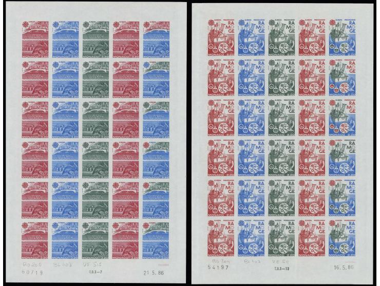 1986, timbres spéciaux 2,20 et 3,20 fr., essais de couleur rouges, bleus et noir-verts, chacun avec 6 timbres tricolores, au 