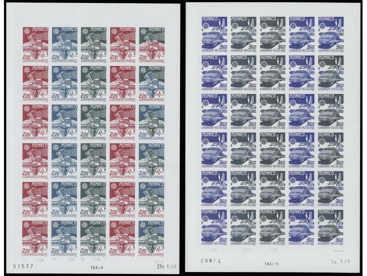 1988, timbres spéciaux 2,20 et 3,60 fr., essais de couleur, chancun en 3 couleurs différentes, dont 6 timbres multicolores, e