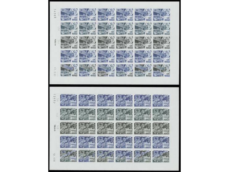 1991, timbres spéciaux 2,30 et 3,20 fr., essais de couleur bleus, noir-verts et noirs, chacun avec 6 timbres multicolores, en
