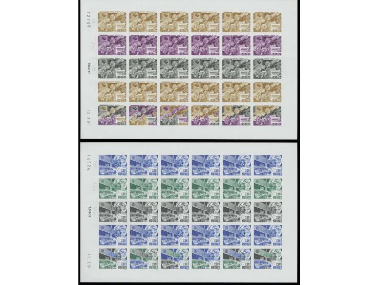 Timbres spéciaux 2,30 et 3,20 fr., essais de couleur, chacun en 3 couleurs différentes, chacun avec 6 timbres multicolores, e