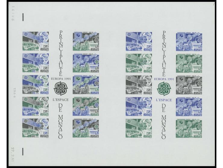 Bloc double avec essais de couleur verts clairs, noirs et bleus, non dentelé, neuf sans charnière