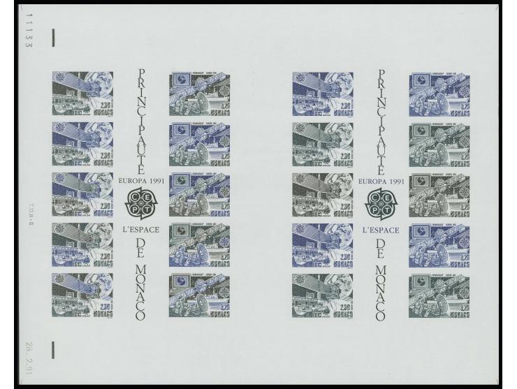 Bloc double avec essais de couleur verts foncés, bleus et noirs, non dentelé, neuf sans charnière