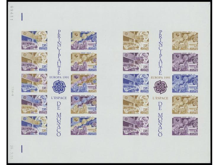 1991, bloc double avec essais de couleur bleus, bruns et violets, non dentelé, neuf sans charnière
