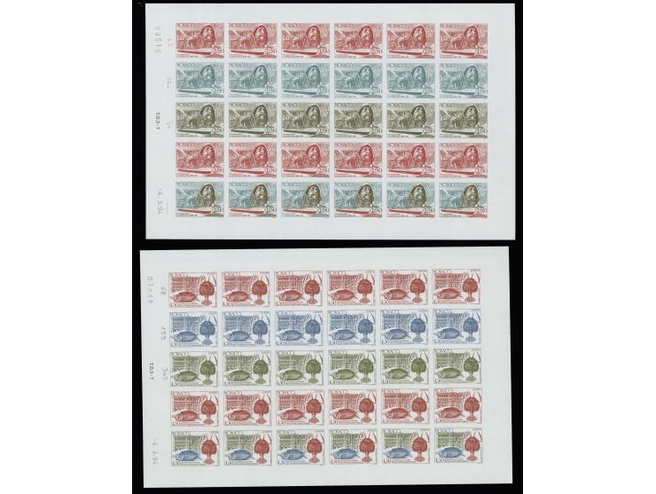 1994, timbres spéciaux 2,80 et 4,50 fr., essais de couleur, chacun en 3 couleurs différentes, chacun avec 6 timbres multicolo