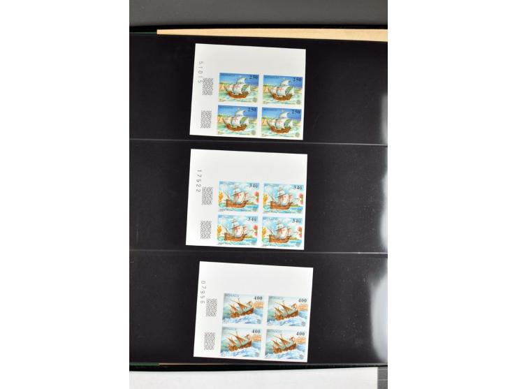 1963/95, collection de timbres non dentelés en bloc de quatre, 1963, 1964, 1976, 1978-95 cpl., presque toujours avec coins de