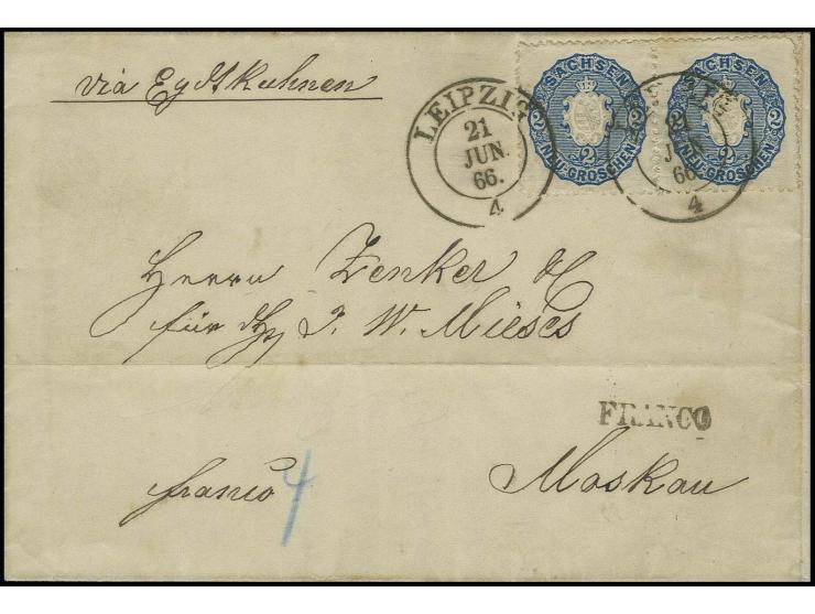 RUSSLAND: 1863/67, Wappen 2 Neugroschen blau im waagerechten Paar mit DKr. "LEIPZIG 21 JUN. 66" auf Faltbrief nach Moskau