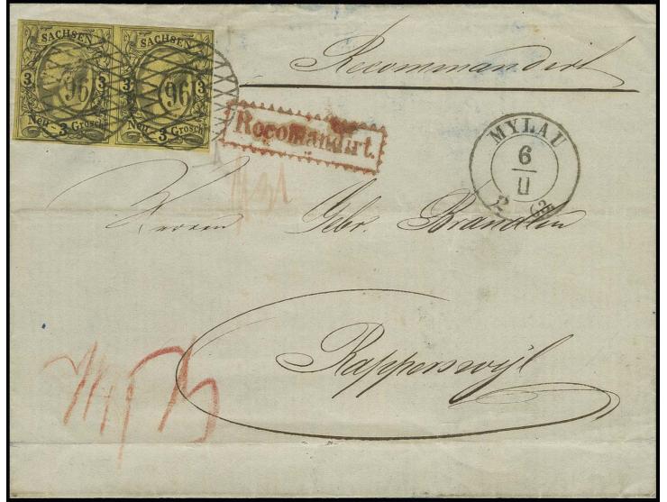 1855/63, Johann 3 Neugroschen auf gelb im waagerechte Paar, voll- bis breitrandig und farbfrisch mit klarer Nummer "196" auf 