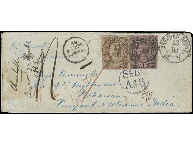 INDIEN: 1855/63, Johann 5 Neugroschen karminrosa (etwas oxidiert) und 1 Neugroschen auf hellrötlichkarmin, beide voll- bis br