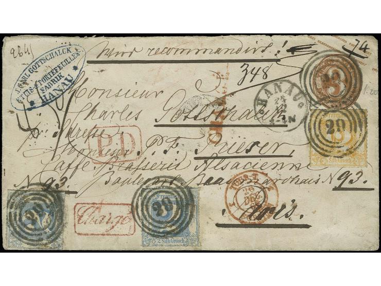 FRANKREICH: 1865, farblos durchstochen ½ Silbergroschen orange und 2 Werte 2 Silbergroschen blau als Zufrankatur auf Ganzsach
