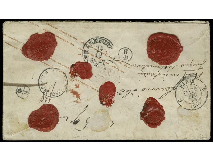 FRANKREICH: 1865, farblos durchstochen ½ Silbergroschen orange und 2 Werte 2 Silbergroschen blau als Zufrankatur auf Ganzsach