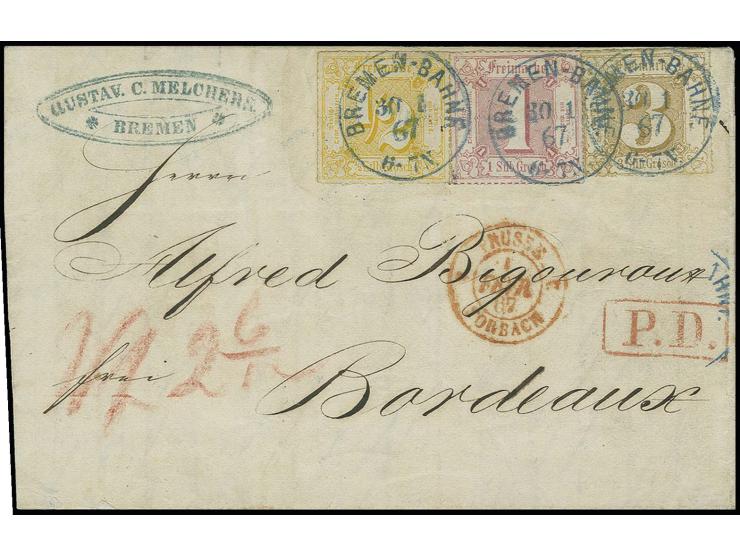 1866, farbig durchstochen ½ Silbergroschen orange und 1 Silbergroschen karmin in Mischfrankatur mit farblos durchstochen 3 Si