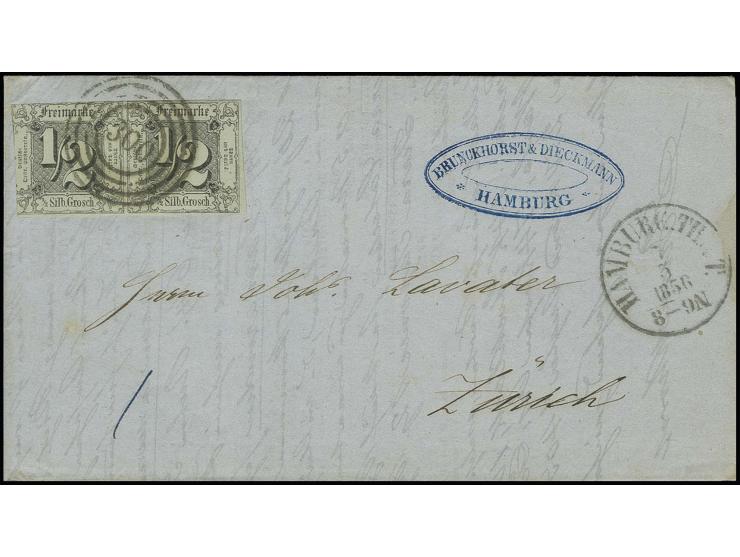 SCHWEIZ: 1852/58, 1. Ausgabe ½ Silbergroschen auf olivgrau im waagerechten Paar, der linke Wert etwas berührt, der rechte vol