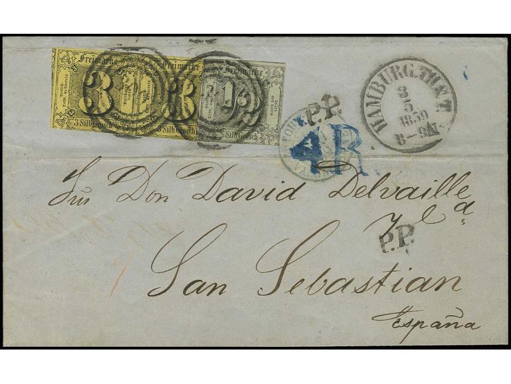 SPANIEN: 1852/58, ½ Silbergroschen auf olivgrau und 3 Silbergroschen auf gelb im waagerechten Paar, üblich gut gerandet, mit 