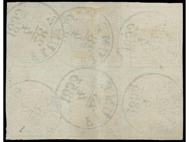 1850, 1 Kr. gelb auf Handpapier im 6er-Block, voll- bis meist breitrandig mit jeweils sauber aufgesetztem EKr. "FIUME 28/4 18
