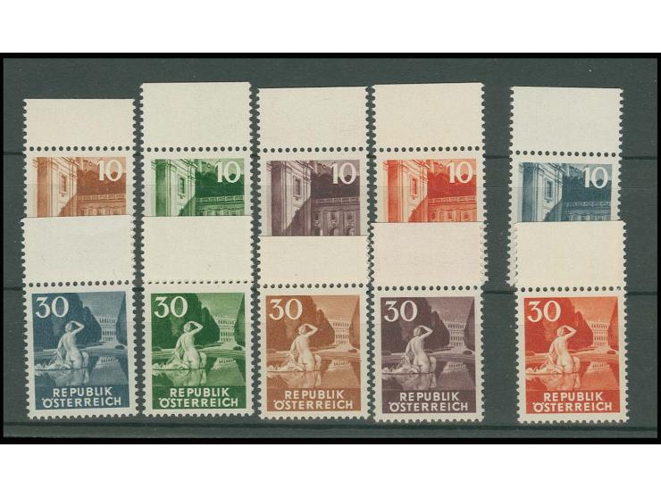 1937 (ca.), 10 Farbproben einheitlich vom Oberrand, in zwei verschiedenen Zeichnungen bzw. Wertstufen 10 und 30, fünf verschi