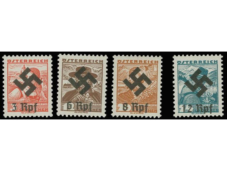 1938, Volkstrachten mit Hakenkreuz-Aufdruck, 3-12 Rpf., postfrisch, Kabinett