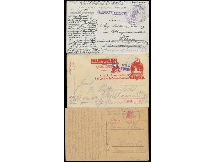 1917/18, 2 Feldpostkarten mit Feldpoststempel "451" (Konstantinopel) und rotem Truppen-L2 "K.u.k. Ersatz-Abteilung f. d. 24cm