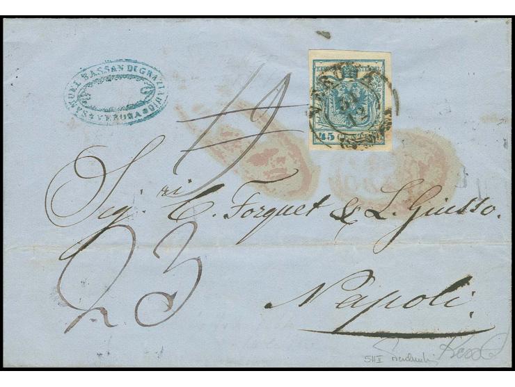 1850, Handpapier: 45 C. blau, farbfrisch und allseits gut gerandert mit klarem Dkr. "VERONA 31 12" auf Faltbriefhülle nach Ne