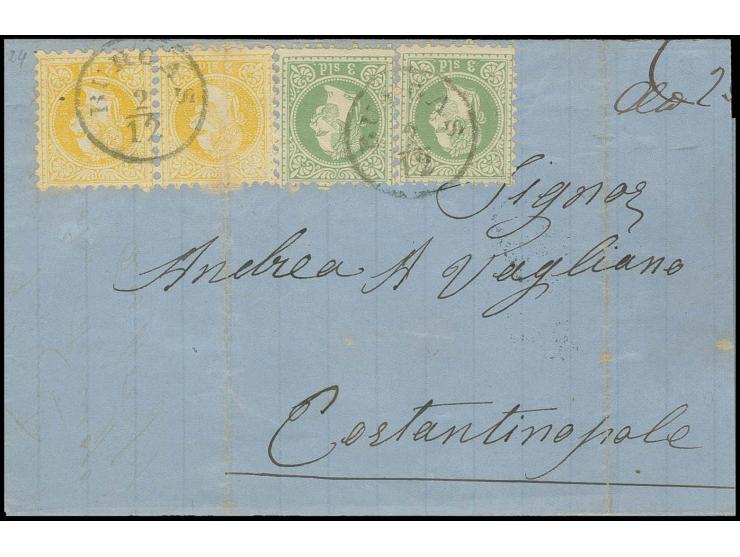 POSTÄMTER IN BULGARIEN: "BURGAS 2/12" (1872) auf 2 So. gelb (waagerechtes Paar, eine Marke senkrechter Registerbug) und 3 So.