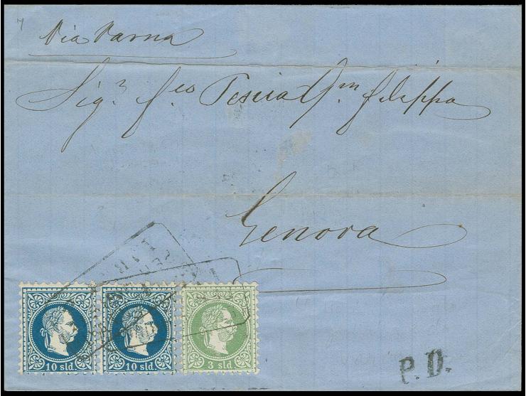 "LETTERE ARIVATE PER MARE VARNA 12/5 75", Ra3 auf 30 So. grün und 10 So. blau auf Briefhülle aus Konstantinopel nach Genua mi