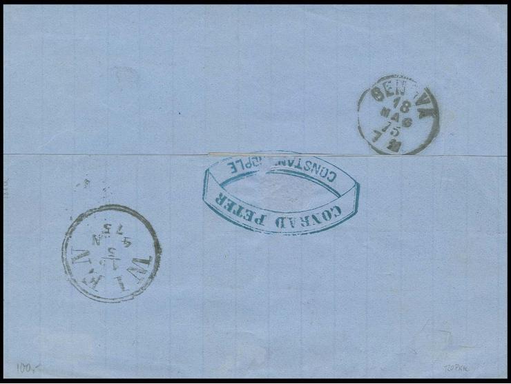 "LETTERE ARIVATE PER MARE VARNA 12/5 75", Ra3 auf 30 So. grün und 10 So. blau auf Briefhülle aus Konstantinopel nach Genua mi
