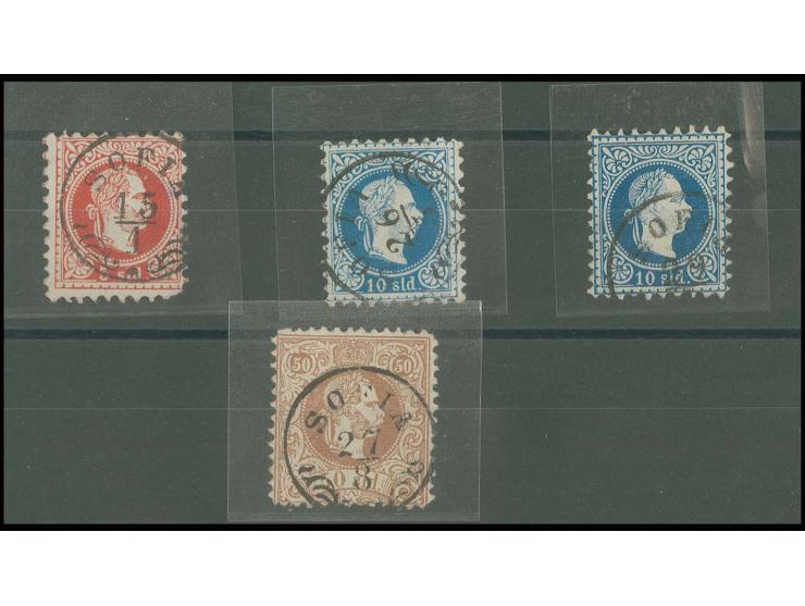 1867, "SOFIA" auf 5 (Eckfehler), 10 (2) und 50 So., letztere RRR