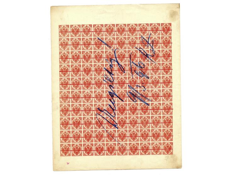 1879, 5 Kr. rot und 20 Kr. olivgrün, je im 100er-Bogen auf dickerem ungummierten Papier, ungezähnt, entwertet durch rote Arch