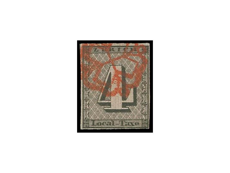 1843, Unterdrucklinien senkrecht: 4 Rp. schwarz, Type IV, unten noch vollrandig, sonst sehr schön geschnitten, mit klarer rot