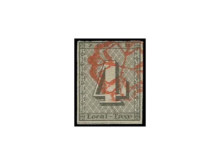 Unterdrucklinien waagerecht: 4 Rp. schwarz, Type III, farbfrisch und allseits gut gerandet mit klarer roter Rosette, Kabinett