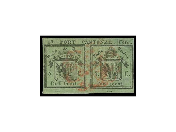 1843, Doppelgenf 5 C. + 5 C. auf lebhaftgrünlicholiv, sehr schön farbfrisch und allseits vollrandig geschnitten unten mit Tei