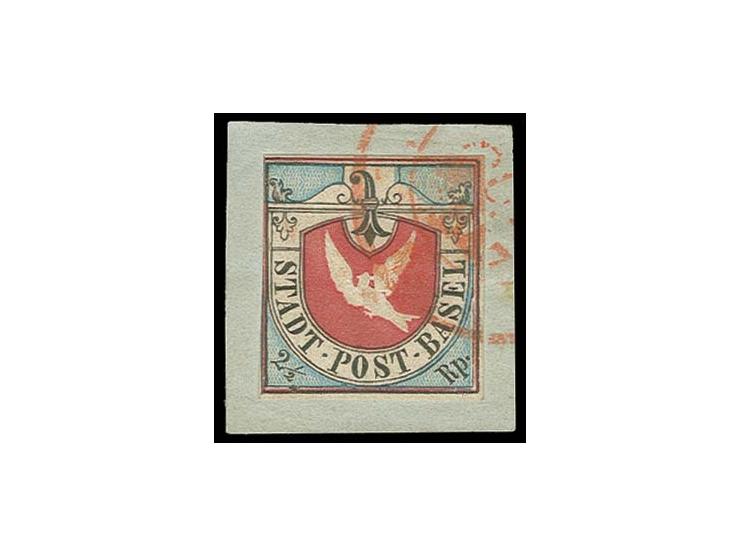 2½ Rp. schwarz/lebhaftblau/karmin, an drei Seiten mit weißem Rand, links leicht berührt, farbfrisch und mit gutem Reliefdruck