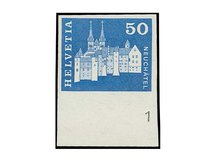 1968, Baudenkmäler 50 C. kobalt, ungezähntes Unterrandstück mit Plattennummer "1", postfrisch, selten, Fotoattest Renggli