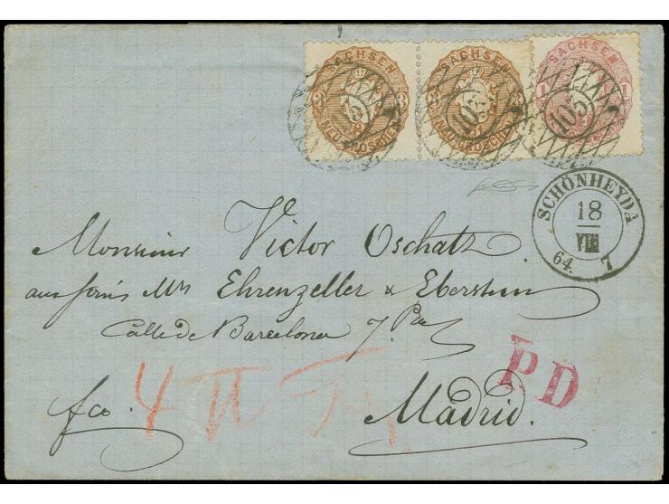  1863/67, 1 Neugroschen lebhaftlilarot und waagerechtes Paar 3 Neugroschen braun, farbfrisch und gut gezähnt mit klarer Numme