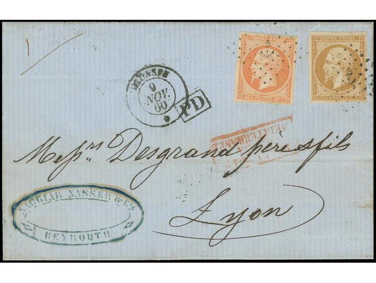 "HYDASPE 9 NOV. 60" sur lettre complète de Beyrut affranchie avec Napoléon dentelé10C. et 40C., oblit. ancre, pour Lyon.