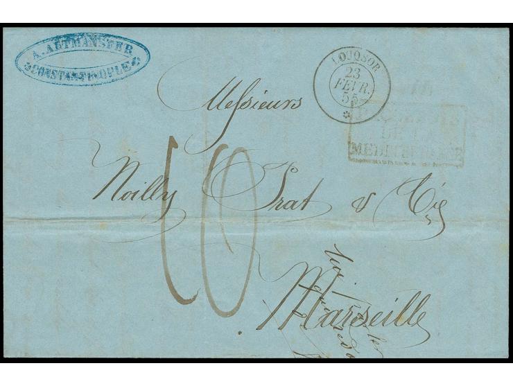 "LOUQSOR  23 FEVR. 55", utilisé exceptionellement sur le paquebot Pharamond, lettre complète de Constantinople avec cachet ad