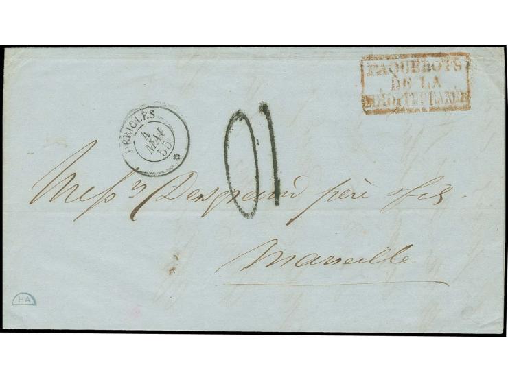 "PERICLES 4 MAI 55" sur lettre complète de Galipoli pour Marseille avec cachet adjacent rouge "PAQUEBOTS DE LA MÉDITERRANÉE" 