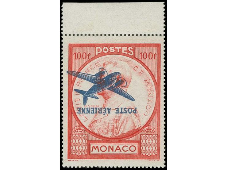 1946, poste aérienne 100 Fr. avec surcharge renversé, bord de feuille, neuf, gomme d'origine pratiquement intacte, superbe et