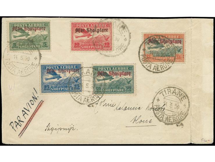 1929, Airmail 3 fr. with 4 further stamps and airmail cancellation "TIRANE 14.5.30" on flight cover (opened at two sides and 