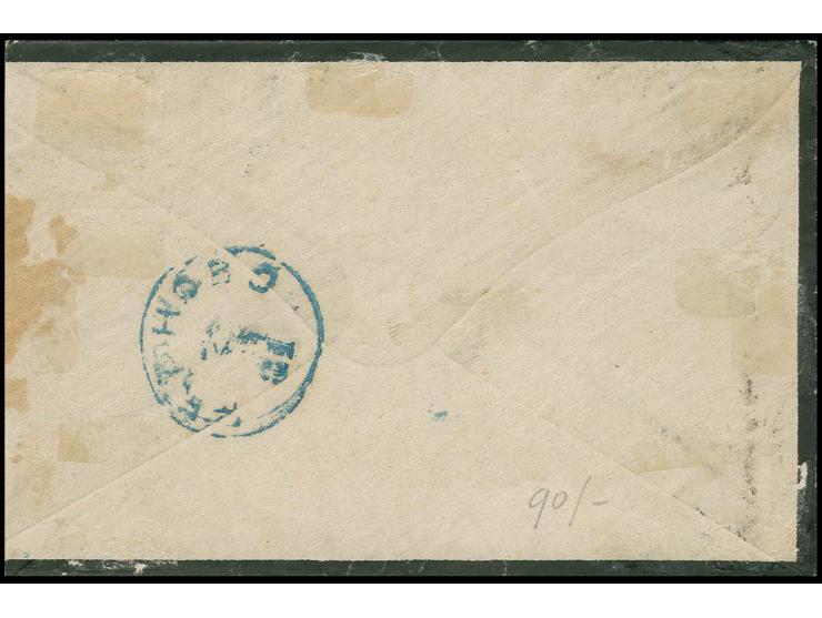 15 st. red/green with star cancel and adjacent bilingual cancel "CHUMLA 29.XII.81" on mourning cover to Tirnovo with arrival 