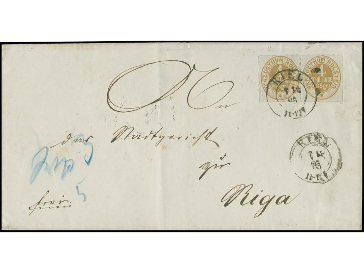 RUSSLAND: 1865, 'HERZOGTHUM HOLSTEIN' 4 Schilling ocker im waagerechten Paar mit DKr. "KIEL 7 12 65" auf Briefhülle über dän