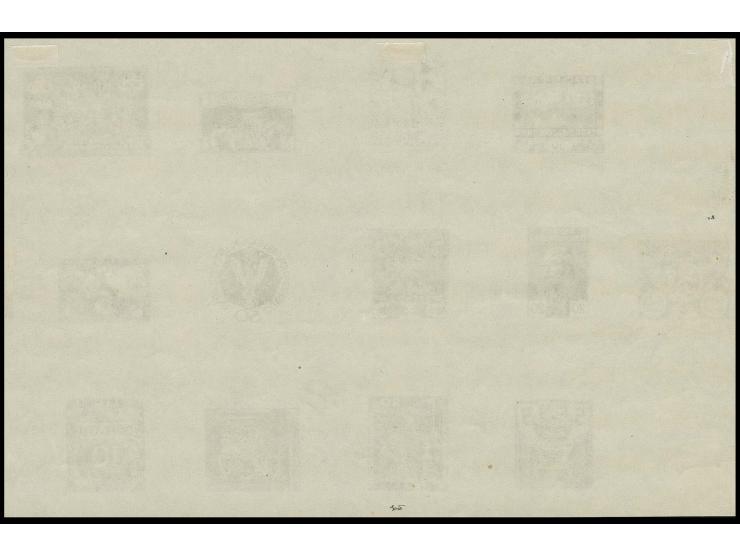  1919, 13 different essays in black (3 of which have been issued) in imperforated se-tenant sheets with gum, unused, very sca