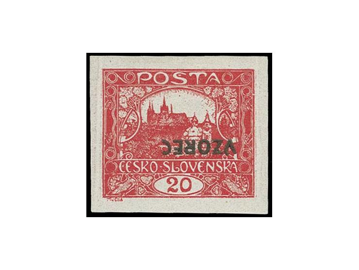  20 h. dark-carmine, imperforated, very rare type IIa with inverted overprint "VZOREC" (sample), unused, left and right sligh
